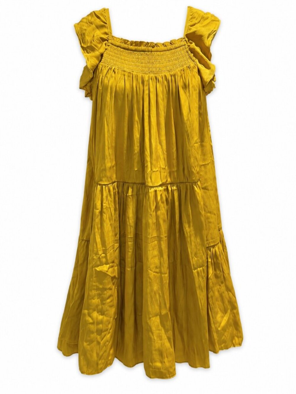 Free People Mustard Smocked Tiered Midi Dress Size XS